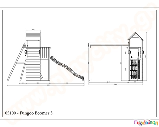 Ξύλινος πύργος με τσουλήθρα, αμμοδόχους και κούνιες
