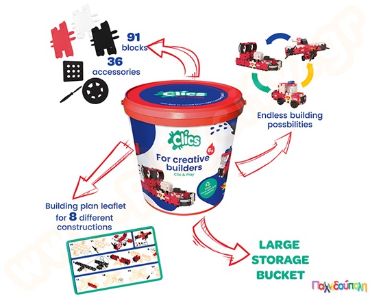 Κατασκευαστικό Σετ Πυροσβεστική Clics (κουβάς με 127 τεμάχια)